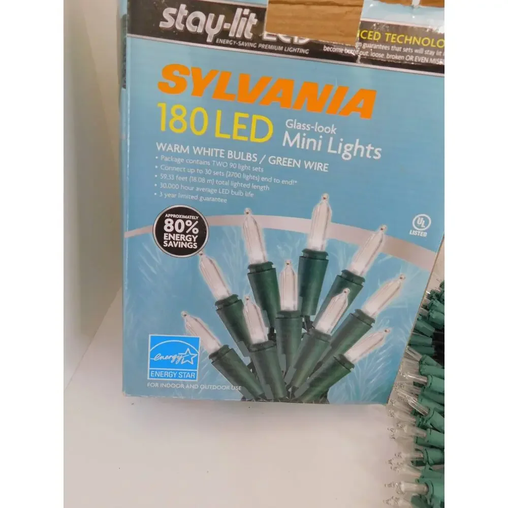 Sylvania Stay-Lit 180 LED Glass-Look Mini Lights Warm White & Green Wire